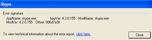 Skype Crash Error Report