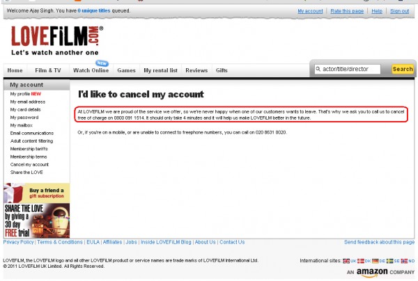 LoveFilm.com Account Cancellation Page