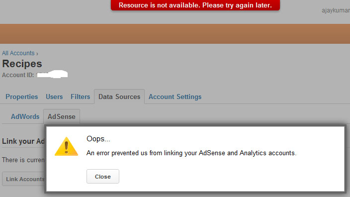 An error prevented us from linking your AdSense and Analytics accounts