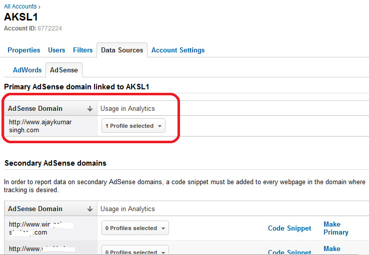 AdSense linked to primary domain