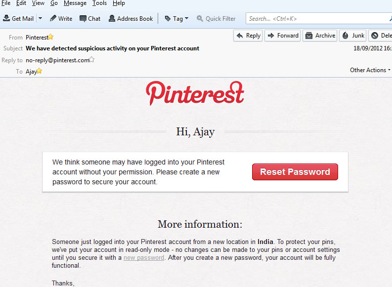 Pinterest Hacked? We have detected suspicious activity on your Pinterest account